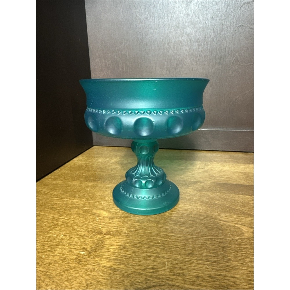 Indiana Glass Compote Teal Blue Satin Mist Kings Crown Thumbprint Wedding Bowl